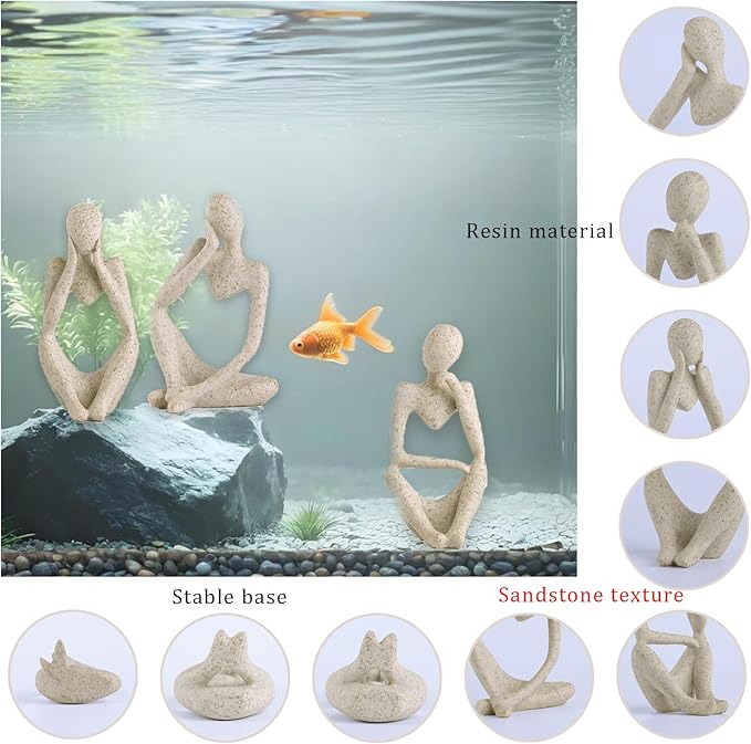 3 Pcs Fish Aquarium Decor Ornaments Minimalist Sandstone Thinker Statue Fish Tank Decorations Small Accessories Resin Abstract Home Decor Fish Toy for Betta Cichlid Goldfish Shrimps Hermit Crabs