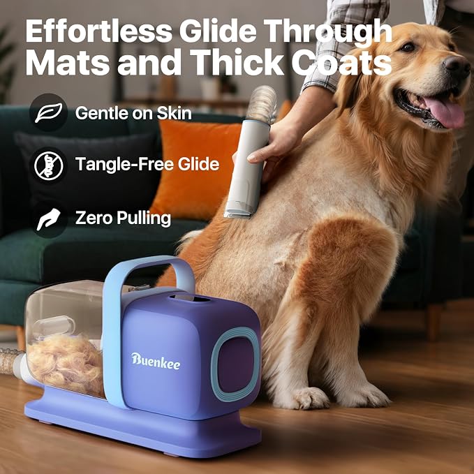 Buenkee Dog Grooming Vacuum Kit, 15000Pa Clipper, Shedding Brush, 2L, Blue | Brush, trim and deshed at home with less flying fur, mess-control suction and fewer emptying breaks during longer sessions