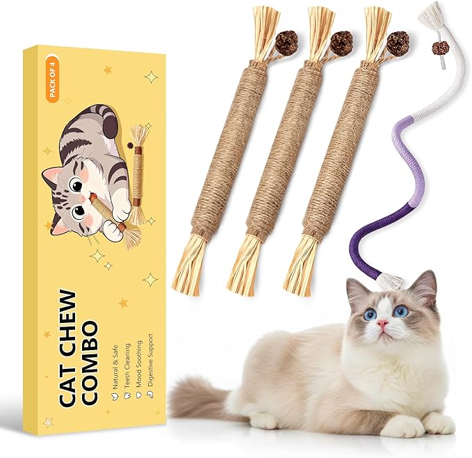 Cat Toys for Indoor Cats, 3 Pcs Silvervine Sticks with Gall Fruit & 1 Pc Cat Chew Rope for Teeth Cleaning, Interactive Cat Toys with Catnip, Kitten Chew Toys Teething for All Breeds Purple