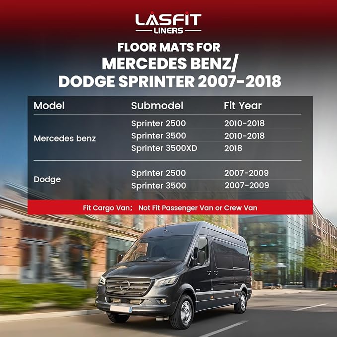 LASFIT Floor Mats for Mercedes Benz & Dodge Sprinter 2500/3500 2007-2018 (Fit for Cargo Van), All Weather TPE Floor Liners Custom Fit Sprinter 2007-2018 Car Mats, 1st Row with Center Aisle Liner