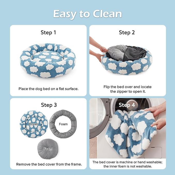 JOEJOY Jacquard Donut Round Dog Beds Large Sized Dog,Blue 36x36x8in, Removable Washable Cover, Cute Pattern, Ultra Soft Fluffy Calming Pet Bed with Thick Supportive Bolster