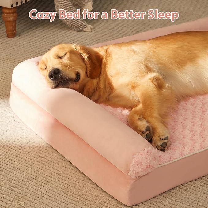 BFPETHOME Orthopedic Washable XXL Dog Bed for Senior Dog Cozy Sleep | Extra Large Waterproof Big Soft Pet Couch Bed for Dogs Relax with Removable Cover Supportive Egg Crate Foam Pink 48x35 Inch