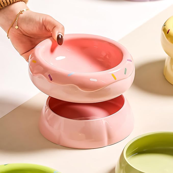 Donut Duo Ceramic Dog Bowl, Dog Water Bowl and Dog Food Bowl, Pet Bowls (Pink)