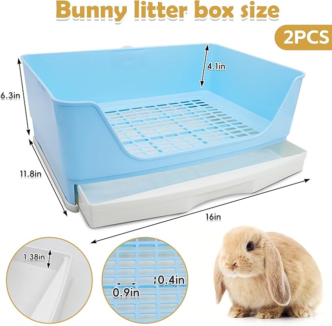kathson 2PCS Large Rabbit Litter Box Trainer, Potty Corner Toilet with Drawer Bigger Pet Pan for Adult Hamster, Guinea Pig, Ferret, Galesaur, Bunny and Other Animals (Blue,Brown)