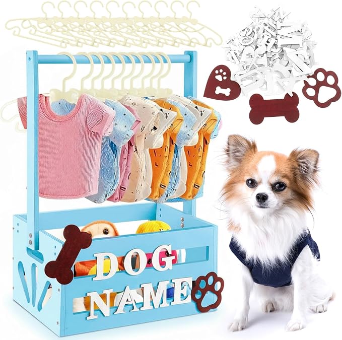 Teenyyou 20" x 13" x 9" Wooden Dog Closet Pet Wardrobe Crate Box with Hanging Rods and Personalized Alphabet Letters Easy Assembly Baskets for Dog Cat Toys Clothes Accessories(Blue)