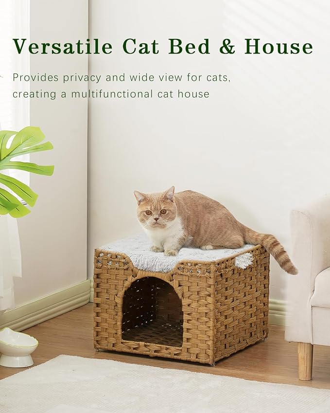 SETVSON Cat Beds Indoor Kitten House, PE Rattan Cat Cave, Natural | PE Rattan Cat Cave & Perch, Reversible Soft Cushion, 2 S-Hooks, Sturdy Metal Frame, 16.5x16.5x13.2 In Pet Cube