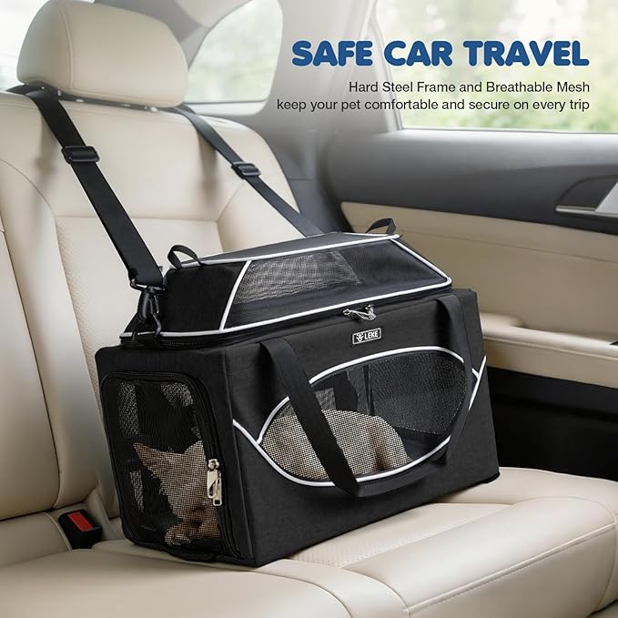 Lekereise Top-Expandable Pet Carrier 17x11x9.5 Inch Alaska Hawaiian Airline Approved Underseat to 12lbs Stable Car Travel Carriers for Small Dogs Cats with Locking Safety Zippers Anti-Scratch Mesh