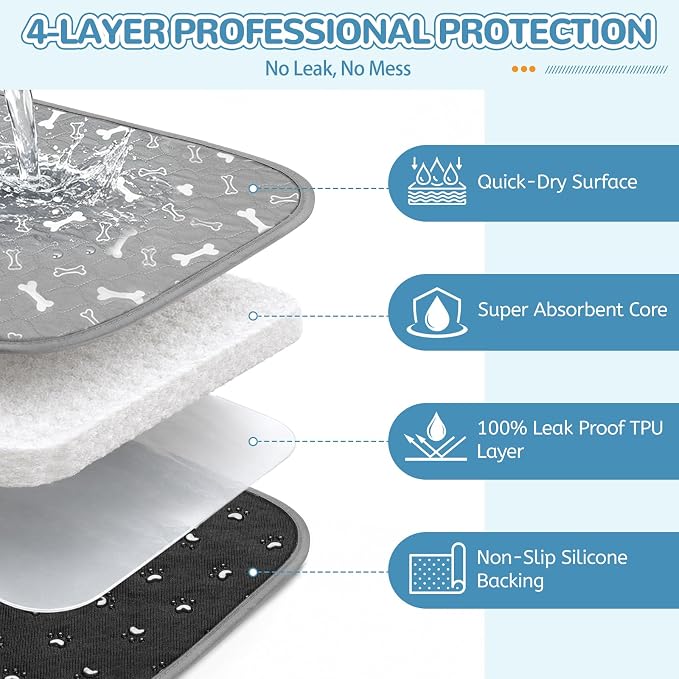 Washable Pee Pads for Dogs, 2 Pack Reusable Puppy Pads, 18"x24" | Super Absorbent, Waterproof & Leakproof, Non-Slip Bottom, Machine Washable, For Floors, Beds, Couches, Crates, Carpets, Cars