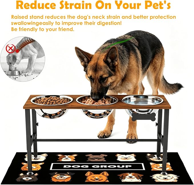 XXLarge Wooden Elevated Dog Bowl Stand – 4 Adjustable Heights (11.8"-17.7"), Wooden & Metal with 3 Stainless Steel Bowls & Splash Pad for Large & Extra Large Breeds