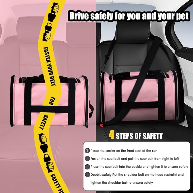 Cat Carrying Case - Pet Carrier Airline Approved, Protable and Breathable Pet Travel Carrier Removable Fleece Pad, Collapsible Cat Carrier Dog Carrier for Medium Cats Small Cats Dogs (Small, Pink)