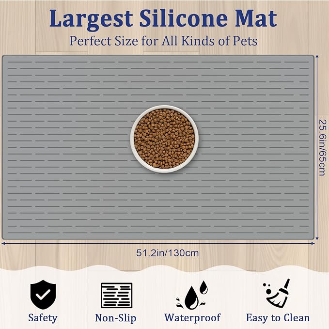 XXXXL Largest Pet Food Mat, 51.2"x25.6"(130cmx65cm) Silicone Dog Mats for Food and Water, Nonslip Pet Feeding Mats for Floors,Dog Cat Bowl Mat with Raised Edges, Lake Blue
