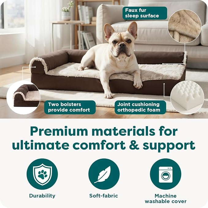 Furhaven Orthopedic Dog Bed for Medium/Small Dogs w/ Removable Bolsters & Washable Cover, For Dogs Up to 35 lbs - Two-Tone Plush Faux Fur & Suede L Shaped Chaise - Espresso, Medium,30"L x 20"W x 6"Th