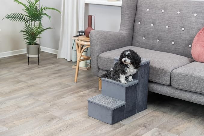 TRIXIE 3-Step Velour Pet Stairs, Gray | Collapsible, Storage Compartments for Pet Toys, Ideal for Small Dogs and Cats