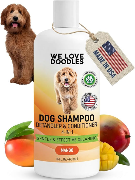 Dog Shampoo, Conditioner & Detangler - Best Shampoo for Goldendoodles, Poodles & Doodles Pet Hair - Hypoallergenic, Tearless, Sensitive Skin for Puppies & All Dog Breeds - Made in USA, 16OZ (Mango)