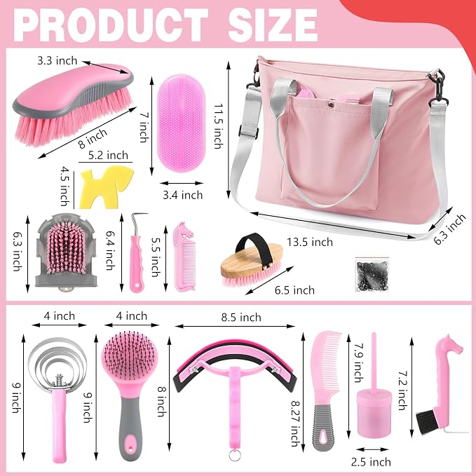 Abbylike 15 Pieces Horse Grooming Kit with Organizer Tote Bag Tack Room Supplies Horse Brush Sets Care Equine Cleaning Kit Shedding Grooming Massaging Tools(Pink and Grey)