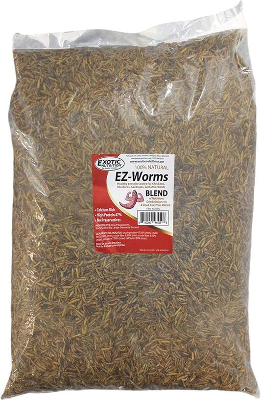 EZ Worms (20 lb.) - Blend of Dried Mealworms & Black Soldier Fly Larvae (BSFL) - Healthy Insect Treat - Chickens, Bluebirds, Sugar Gliders, Hedgehogs, Squirrels, Skunks, Reptiles, Turtles, Fish
