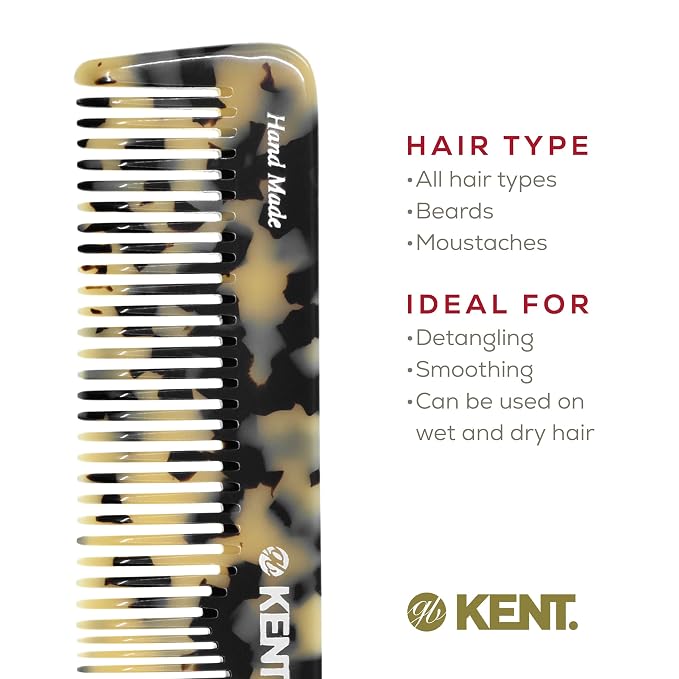 Kent 16T TW Fine and Wide Tooth for Daily Grooming,Handmade Styling Comb for All Hair Types,Wet or Dry Hair Detangling Comb for Men and Women,Saw Cut Hand Polished,Made in England