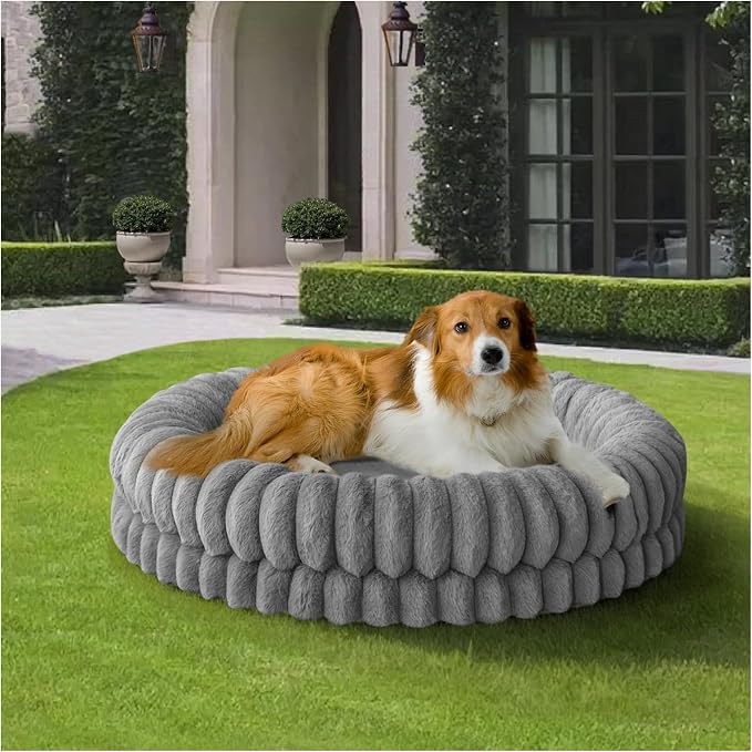 BALANCE Luxury Donut Dog Bed, 36 Inches Round Dog Beds Large Sized Dogs Washable, Orthopedic Calming Dogs Bed for Pets with Anti-Slip Bottom, Gray