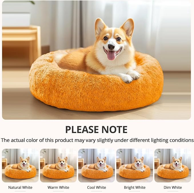 JOLLYVOGUE Calming Dog Bed Medium Size Dog, 31in Donut Washable Medium Pet Bed, Anti-Slip & Anti-Anxiety Fluffy Faux Fur Round Dogs Bed, Fits up to 45 lbs Pets (Orange)