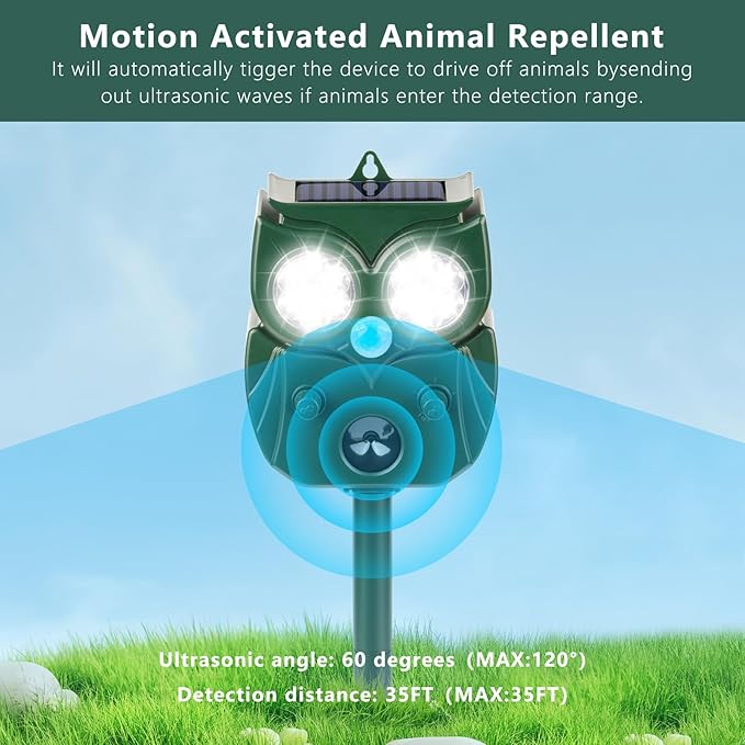 2 Pack 2026 Ultrasonic Animal Repellent Outdoor Deer Repellent Devices Solar Animal Repeller Motion Activated Deterrent to Scare Cat Squirrel Rabbit Raccoon Skunk with LED Flash Lights for Yard Lawns