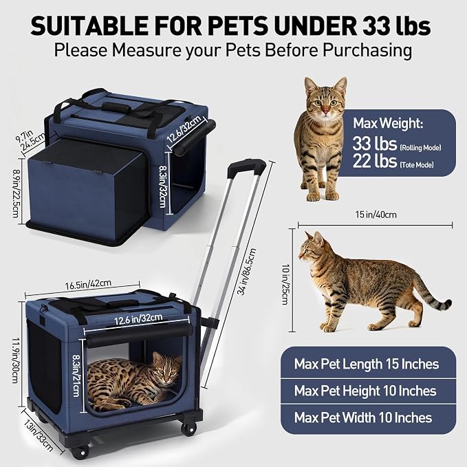 Rolling Cat Carrier with Wheels, 16.5 x 13 x 11.8 in, Navy Blue | Expandable soft-sided carrier with detachable wheels, telescopic handle and breathable mesh for cats and small dogs