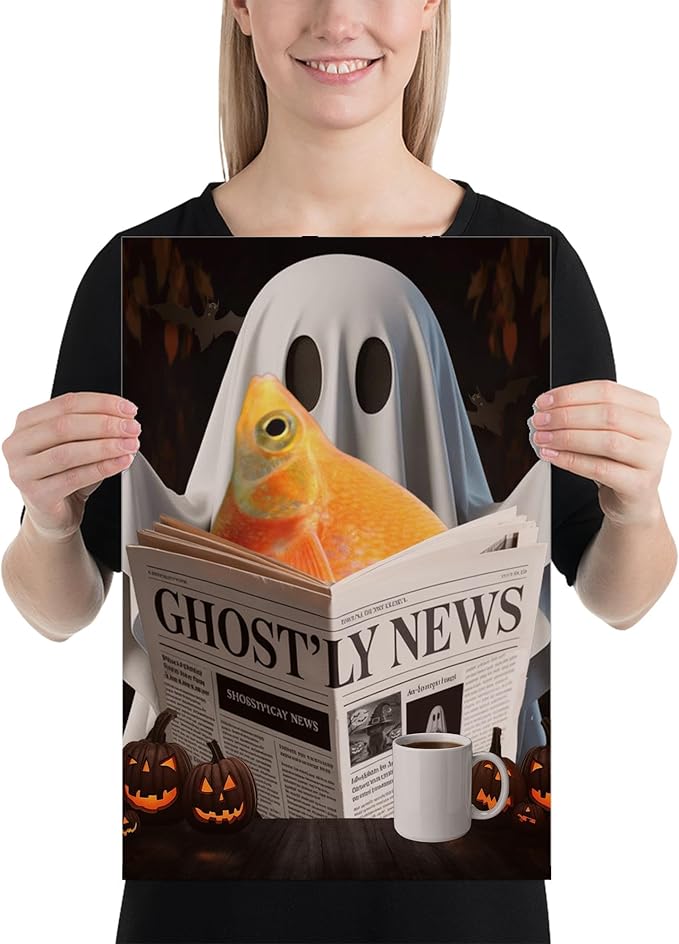 Spooky Halloween Pet and Ghost Reading Wall Art - Red Rainbowfish Poster 12x18 Unframed Photo Paper - Funny Home Decor Gifts for Fish Lovers