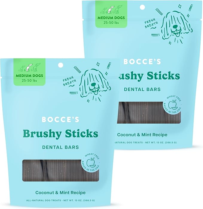Bocce's Bakery Dental Brushy Sticks for Medium Dogs – Natural, Wheat-Free Dental Bars to Support Oral Health & Fresh Breath, Made with Real Ingredients – Coconut & Mint Recipe (2 Pack Bundle)