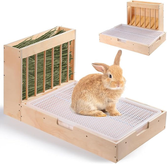 Large 2-in-1 Rabbit Hay Feeder & Litter Box Set, Wood, Mess Proof, for Guinea Pigs, Chinchillas, Hamsters, and Rabbits (XXL)