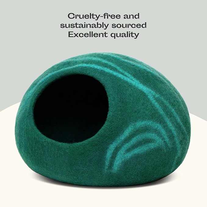 Cat Cave – Premium Felt Cat Bed Enclosure for Indoor Cats, Handmade Merino Wool (Emerald, Large)