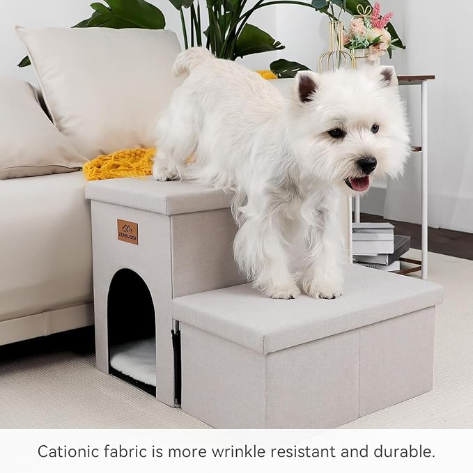 Zerbuger Dog Stairs with Storage, Beige 2 Steps Dog Ramp with Condo for Bed | 15" H Wider Dog Steps for Beds Couch, Folding Storage Pet Stairs Gift for Climbing Small/Medium/Large Old Dogs Cats