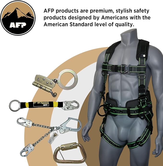 AFP Fall Protection Full-Body Premium Safety Harness, 8” Thick Support Belt, Aluminum D-Rings, Tongue Buckle (OSHA/ANSI PPE)
