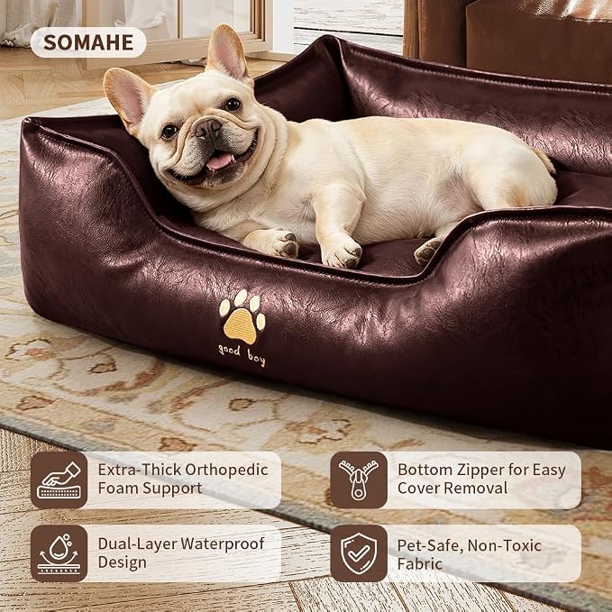 SOMAHE Waterproof Leather Dog Bed, Bolster Couch, 24x19x9 Caramel | Wipe-Clean Waterproof Leather + Removable Cushion: raised bolsters create a cozy bed for small-medium dogs.