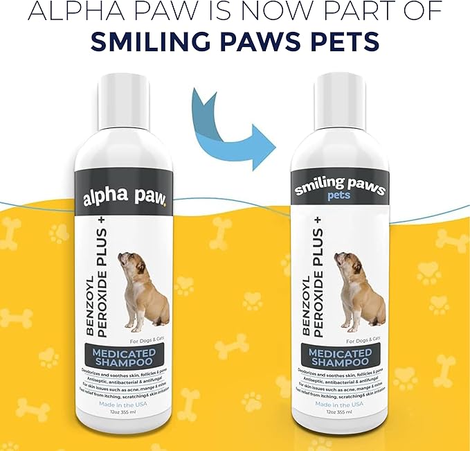 Smiling Paws Pets - Itch Relief Shampoo for Pets - Contains Benzoyl Peroxide - Kills Fleas - Relieves Allergies, Itching, Dermatitis, Mange, Dandruff, Acne, Demodex, Seborrhea, Pyoderma - 12oz