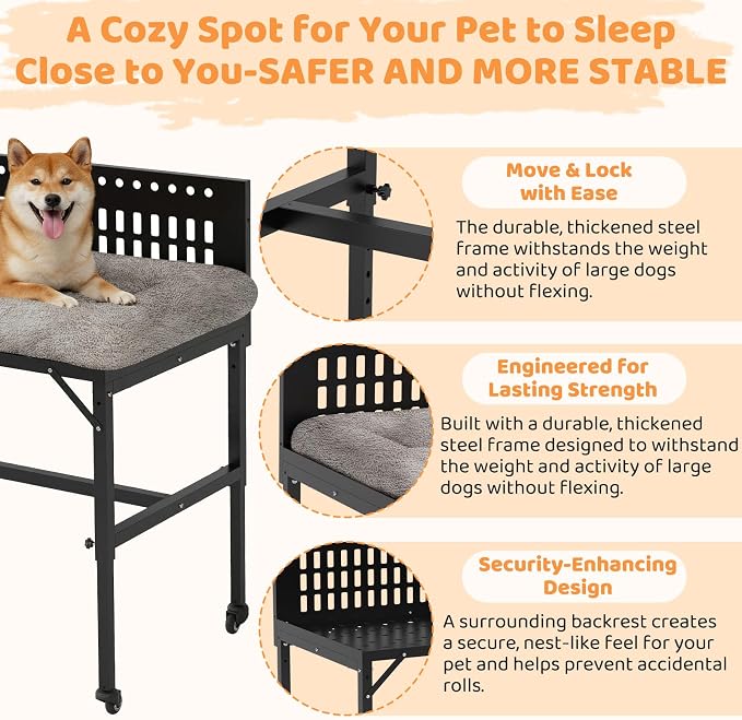 Beside Dog Bed,2 Panels Adjustable Height Dog Bunk Beds,35.4”x23.6” Metal Frame & Cushion, Converts to Bunk Bed or Bed Extension Attachment for Human Bed, for Medium Dogs