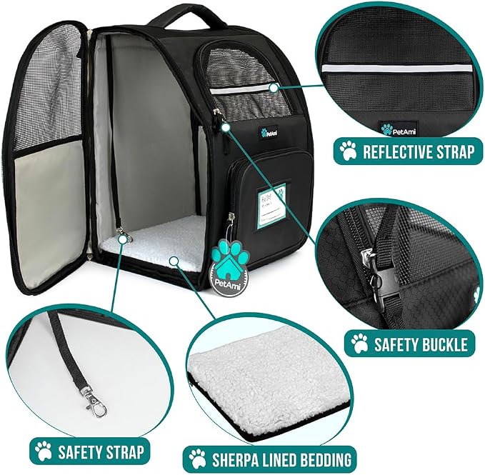 PetAmi Dog Backpack Carrier for Small Medium Dogs Large Cats up to 18 lbs, 2 Side Entry, Structured No-Collapse Frame, Airline Approved Ventilated Pet Backpack for Hiking Camping Travel Vet, Black