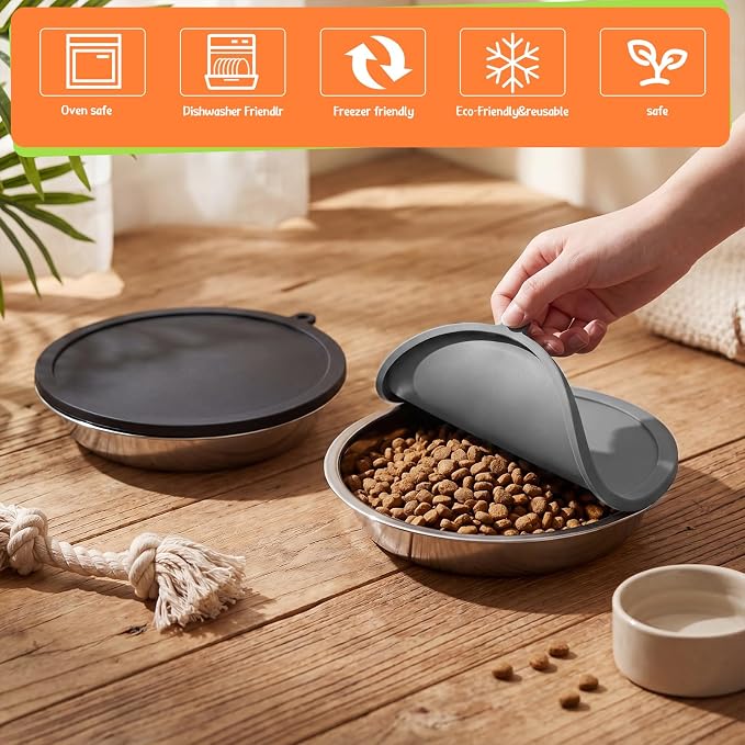Patelai Stainless Steel Dog Bowls with Silicone Lids for 1.9 Cups Portable Food and Water Dishes for Pets Sealable Containers for 6.3" for Cats & Small Dogs(4 Pcs,Black,Gray)