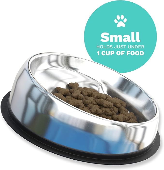 Enhanced Pet Bowl, Stainless Steel Slanted Dog Bowl with Raised Ridge for Flat-Faced Dog Breeds or Cats, Food-Grade Non-Slip No Spill Bowl for Dogs, Less Mess, Less Gas, and Better Digestion (Small)