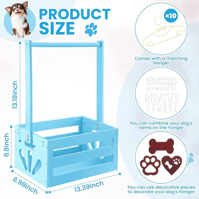 Teenyyou 20" x 13" x 9" Wooden Dog Closet Pet Wardrobe Crate Box with Hanging Rods and Personalized Alphabet Letters Easy Assembly Baskets for Dog Cat Toys Clothes Accessories(Blue)