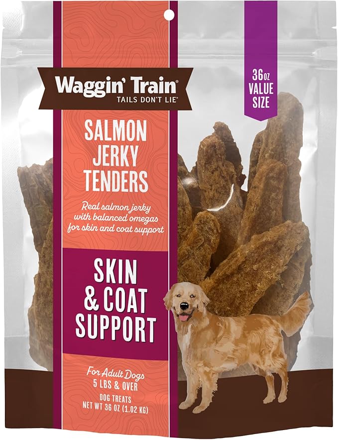Waggin' Train Salmon Jerky Dog Treats for Skin and Coat Support, Made with 100% Real Salmon, No Grains and No Artificial Flavors or Colors, High Protein Dog Treat, Easily Digestible, 36 oz. Pouch