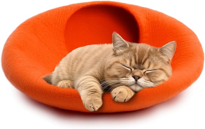 Luxurious Merino Wool Cat Cave - Foldable Hideaway Pod for Indoor Cats - Premium Felt Kitten Pet Enclosure - Covered Cat House for Ultimate Cozy Comfort by Woolygon (Orange Plain)