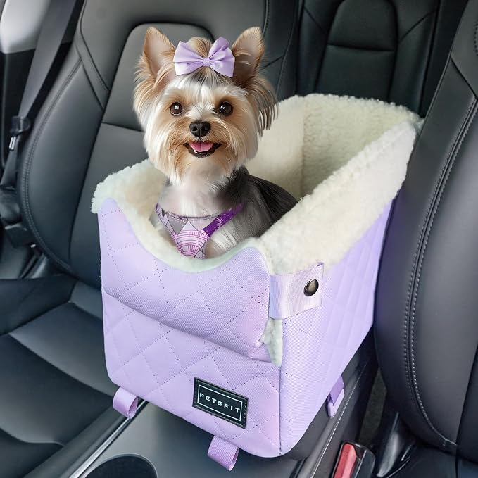 PETSFIT Cat Car Seat with Dual Adjustable Seat-Rail Anchor Hooks | Anti-Collapse Leather Dog Console Car Seat with Safety Tether, Washable Cushion, Soft Pillow for Pets Under 8 lbs, Purple