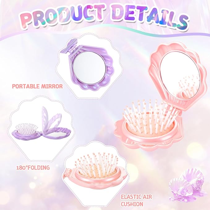 LemonRoad 24 Sets Mermaid Party Favors Shell Hair Brush with Mirror Card, Foldable Mini Travel Compact Hair Brush for Women Birthday, Bachelorette, Under The Sea, Beach Party Gifts(Pink Purple Teal)