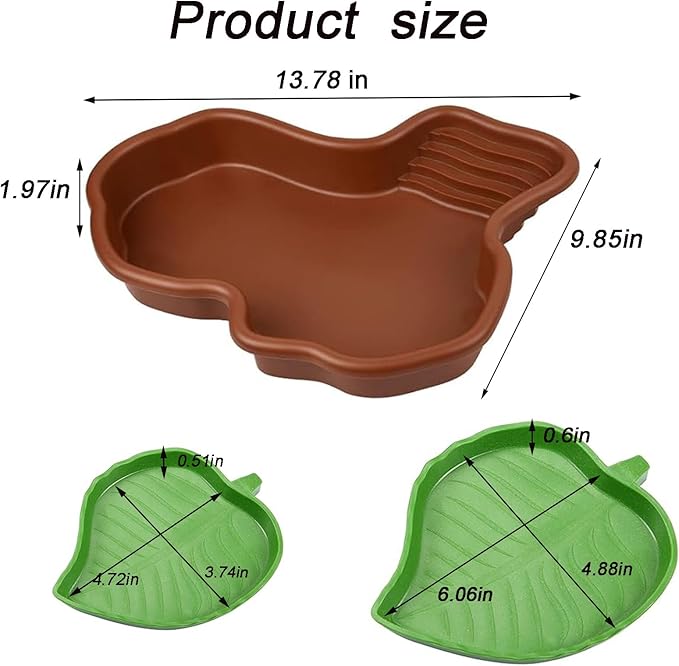 3PCS Tortoise Dish with Ramp Leaf - Tortoise Food & Water Bowls - Reptile Habitat Accessories for Horned Frogs & Lizards - Fit for Bath