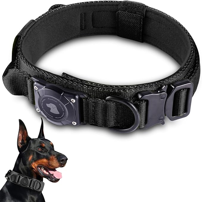 2026 Upgrade Waterproof AirTag Dog Collar, Military Tactical Dog Collar with AirTag Holder, Comfortable Control Handle and Metal Buckle, GPS Dog Collar Holder for Medium to Large Dogs (Black, L)