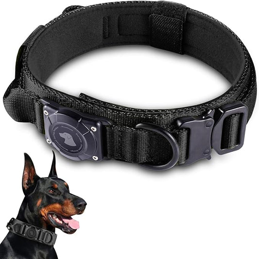 2026 Upgrade Waterproof AirTag Dog Collar, Military Tactical Dog Collar with AirTag Holder, Comfortable Control Handle and Metal Buckle, GPS Dog Collar Holder for Medium to Large Dogs (Black, M)
