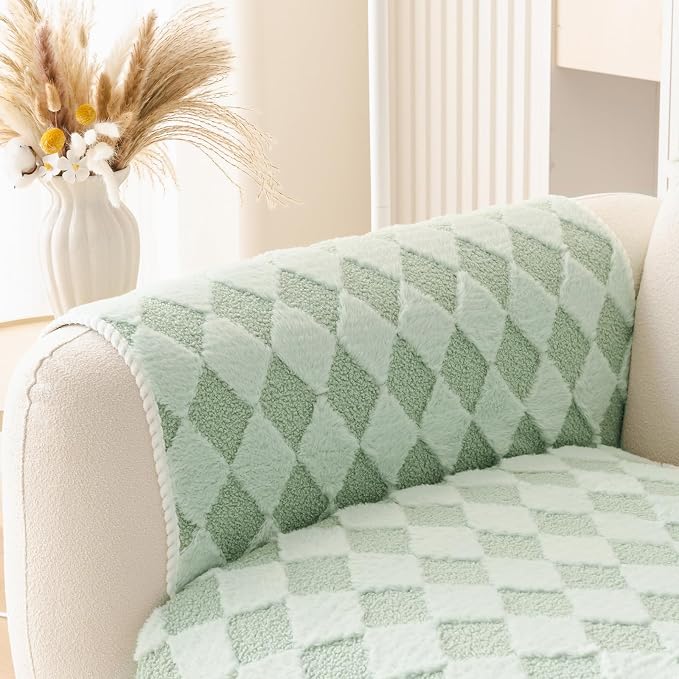 HANDONTIME Non-Slip Pet Couch Cover Washable, Plush Faux Fur Couch Protector for Cushion Pet-Friendly Sofa Covers for Dogs, Checkered Diamond Sectional Covers Dog Mat for Sofa (Green, 35.6" x 35.6")
