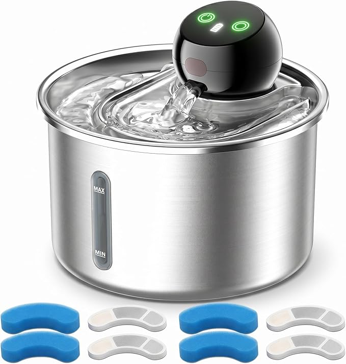 Cordless Cat Water Fountain, 3L Stainless Steel Quiet Pet Water Fountain | 5000mAh Rechargeable Battery, 101oz Large Capacity, 3 Flow Options, 4 Replacement Filters, Cats & Small Dogs