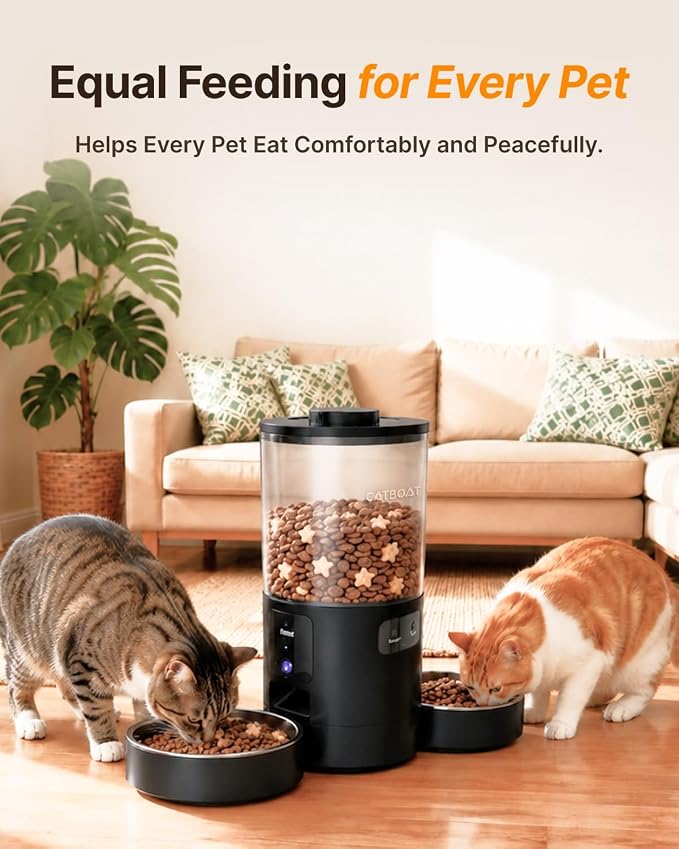 Dual-Camera Automatic Pet Feeder with 2 Bowls, 6L Smart Feeder for 2 Cats | 2K HD Video, App Control, Slow Feed Mode, Up to 20 Meals, 2-Way Audio, Night Vision, iOS/Android, Dry Food Only, Black