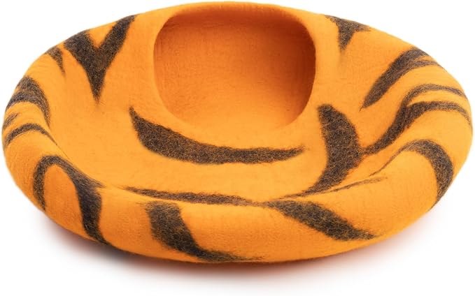 Luxurious Merino Wool Cat Cave - Foldable Hideaway Pod for Indoor Cats - Premium Felt Kitten Pet Enclosure - Covered Cat House for Ultimate Cozy Comfort by Woolygon (Tiger)