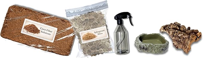 Tarantula Rehousing Supply Kit - Coco Fiber Substrate, Moss, Cork Bark Hide & Water Dish - Essential Terrestrial Tarantula Setup